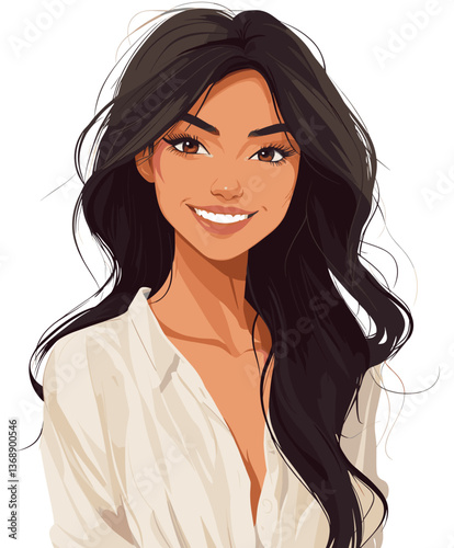 Relaxed Latina woman with medium-length dark hair smiling warmly in casual attire at a cozy location during daytime