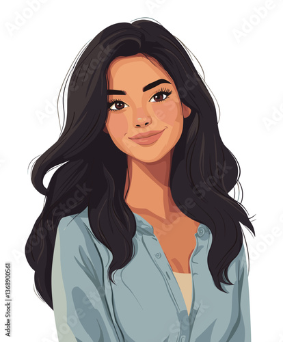 Relaxed Latina woman with medium-length dark hair smiles softly, showcasing her natural beauty and confidence
