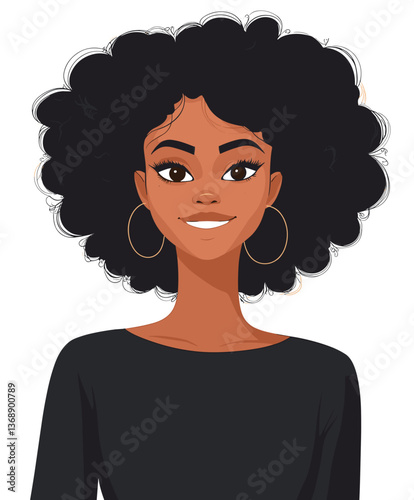 Joyful young Black woman with afro hairstyle smiling while wearing a stylish outfit indoors