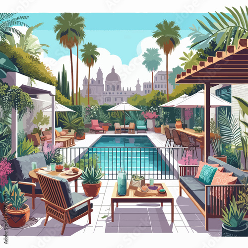 A painting of a pool with a patio and palm trees in the background