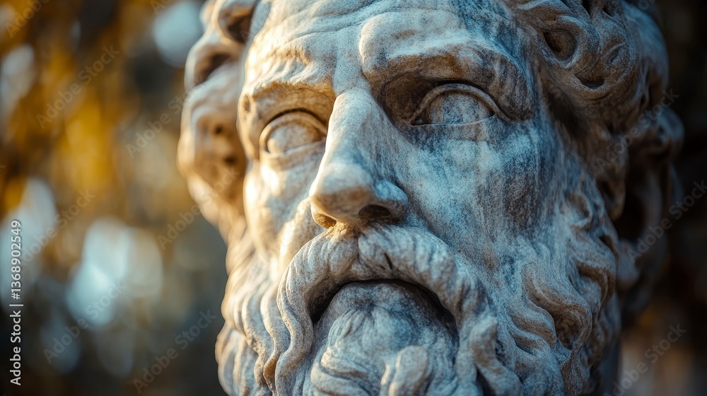 Marble statue of bearded man with detailed facial features, set against blurred foliage