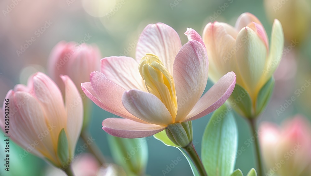 Fototapeta premium Soft focus floral scene, pink and yellow blossoms with bokeh background