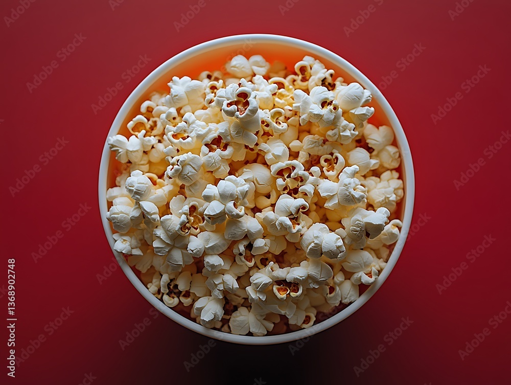 Overhead view of a bowl full of popcorn against a red background. Overhead view of a bowl full of popcorn against a red background.