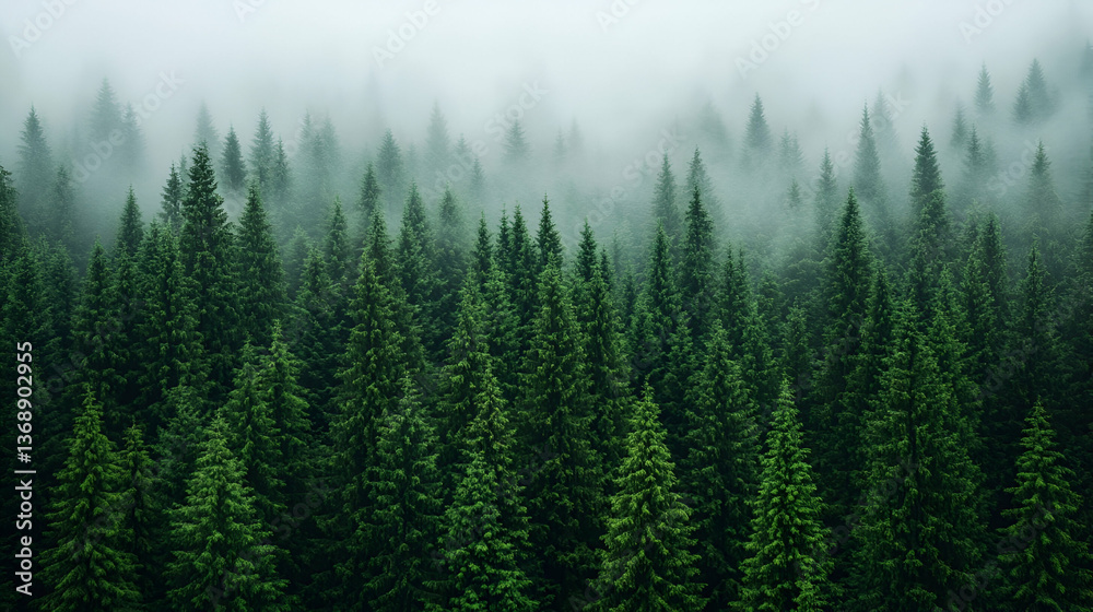Mystical coniferous forest landscape with fog, serene natural environment Mystical coniferous forest landscape with fog, serene natural environment