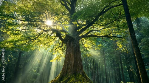 A giant sequoia tree towering over a dense forest under soft morning light digital