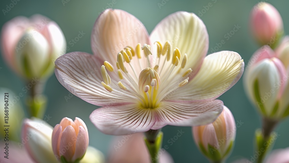 Fototapeta premium Soft, pale pink flower, delicate petals, showing pistil, stamens, and buds