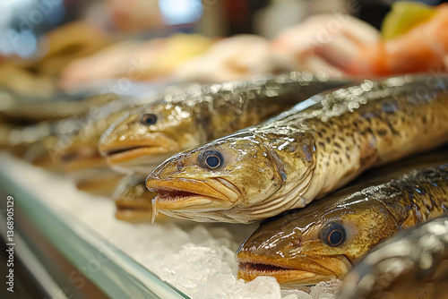 Row of fish are displayed on a counter with ice. The fish are large and have a brown and white coloration