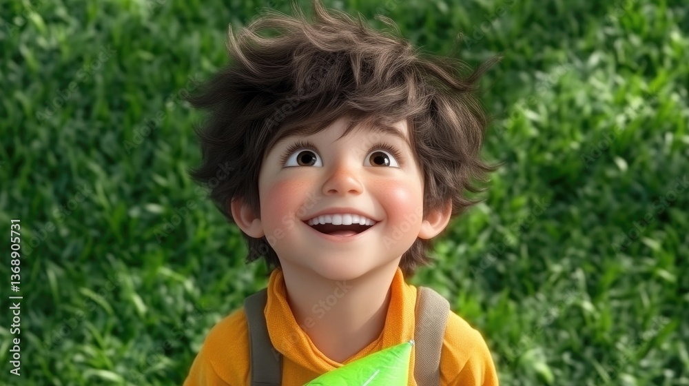 Animated child, smiling, looking upwards in a grassy field Animated child, smiling, looking upwards in a grassy field