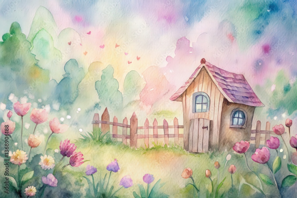 Fototapeta water color play house in a meadow with play house
