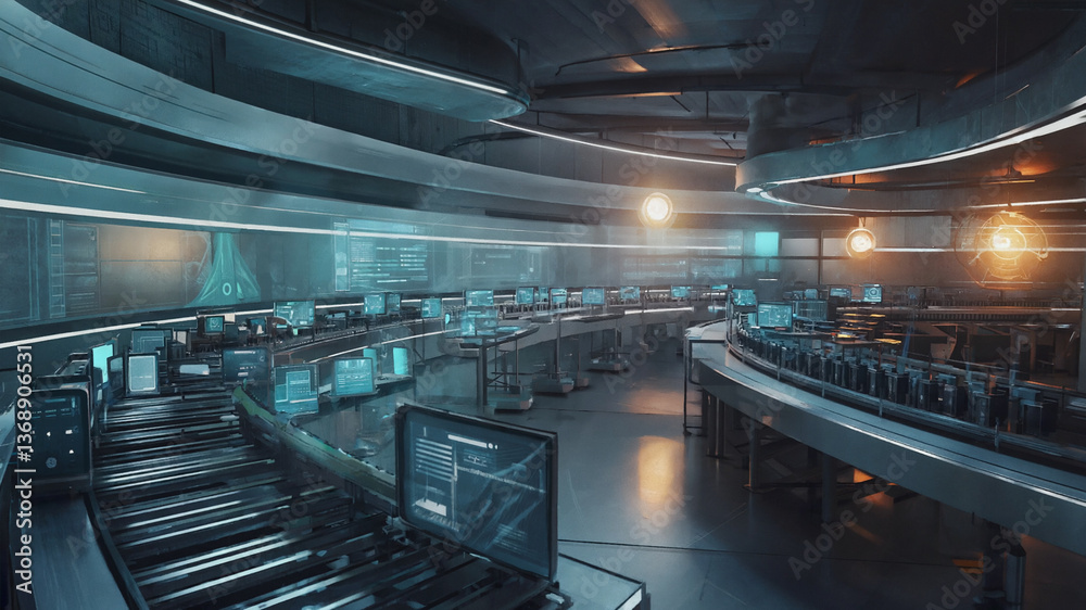 Futuristic control room with screens and machinery Futuristic control room with screens and machinery