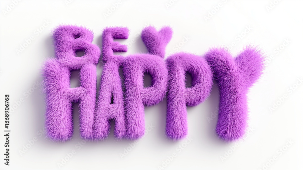 3D rendering of the words be happy made of soft fluffy fur in purple, conveying a cheerful and positive message