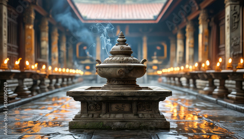 Navaratri product display background podium, Temple of Lights, traditional stone ancient temple courtyard, flickering diyas, sacred symbols, divine setting, ad, podium platform, product presentation