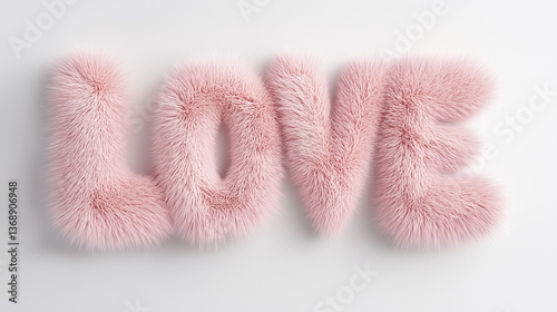 Soft pink fur letters spelling love against pristine white background, representing romantic mood and Valentine's design concept