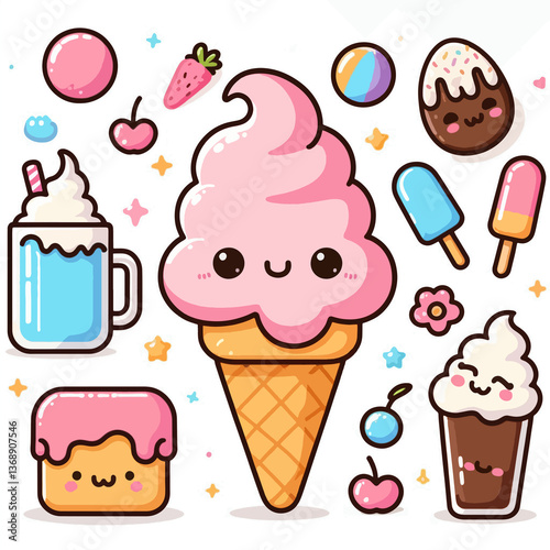 A cartoonish drawing of a pink ice cream cone with a cherry on top