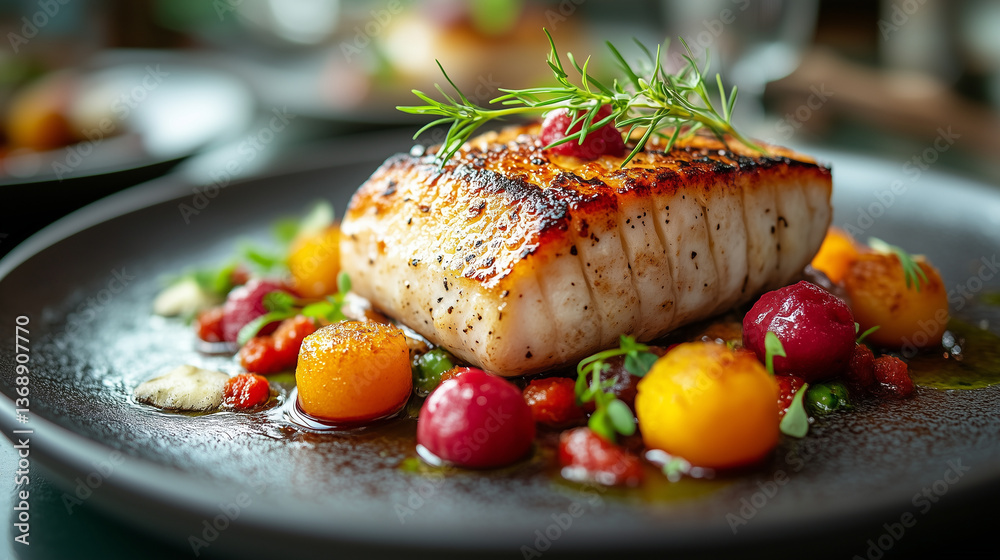 Close-up of a grilled fish fillet paired with vibrant vegetables, herbs, and a savory sauce, showcasing elegant culinary art