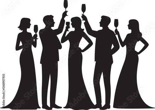 Silhouettes of people celebrating with champagne glasses