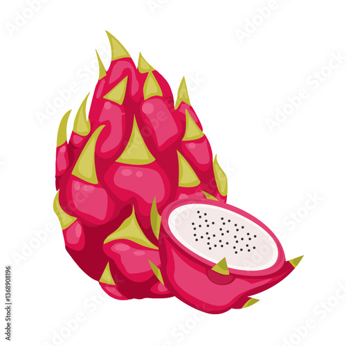 dragon fruit on white background,vector illustration of dragon fruit, dragon fruit slices