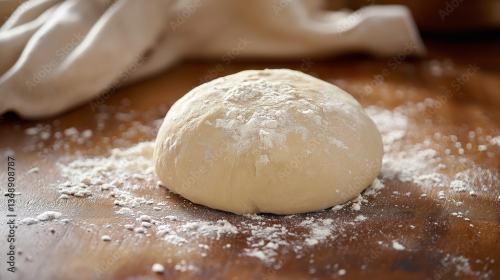 A close-up of a round, smooth ball of fresh focaccia dough resting on a floured wooden surface A close-up of a round, smooth ball of fresh focaccia dough resting on a floured wooden surface