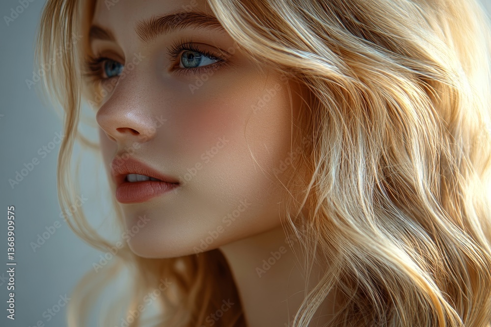 Close-up portrait of a woman with long, cascading blonde hair and soft makeup, showcasing her profile and natural beauty Close-up portrait of a woman with long, cascading blonde hair and soft makeup, showcasing her profile and natural beauty