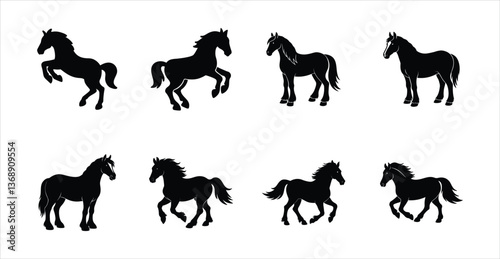 A set of eight Shire horse vector silhouette designs. Simple collection. Isolated bundle on white background.