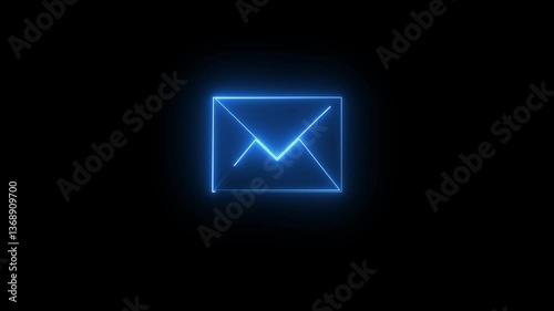 Blue color  neon mail envelope icon animated on black background. glowing neon Mail envelope, incoming mail ,ANIMITION..