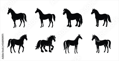 A set of eight horse vector silhouette designs.