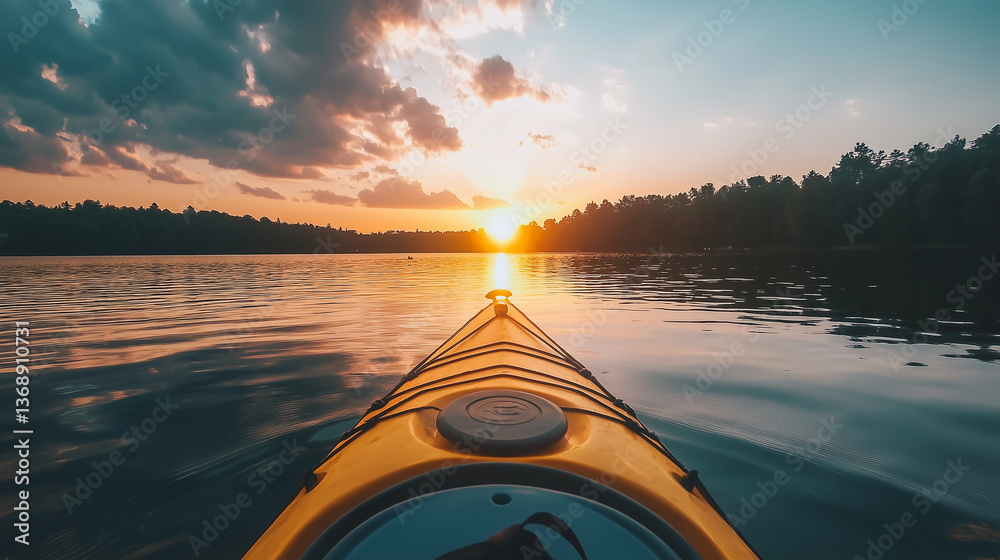 Paddling kayak through tranquil lake waters, capturing golden sunset reflections and surrounding wilderness serenity