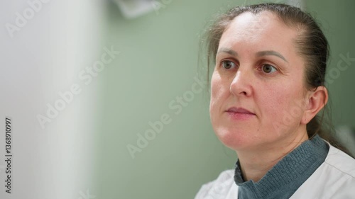 Matron in lab coat attentively making medical observations during diagnostic procedure with focused expression in clinical setting under bright lighting, showcasing concentration and professionalism
