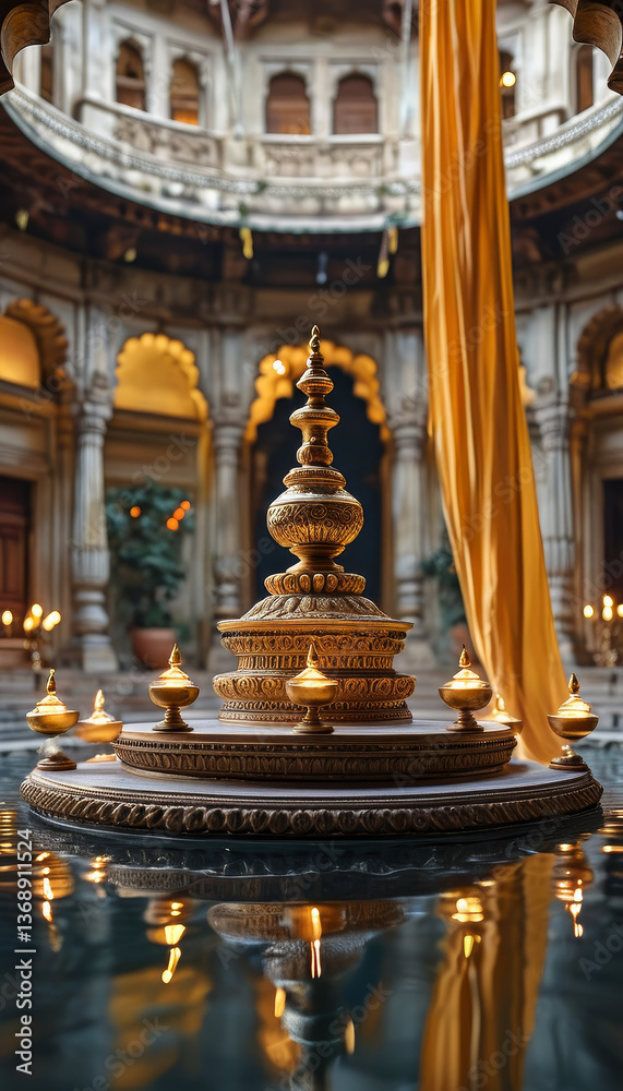 Fototapeta premium Diwali product display podium background, Royal Palace Illuminatiom, golden carvings, traditional Indian palace courtyard, brass lamps, deepams, draped silk fabrics, flower bowls, shimmering candle