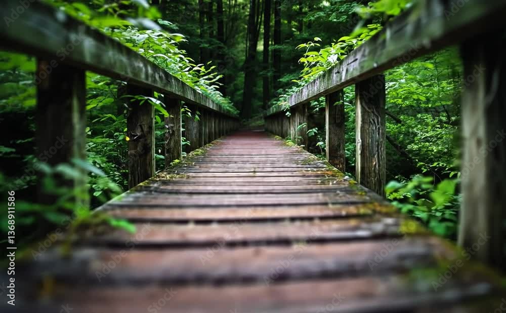 Serene wooden pathway winding through lush green forest, inviting exploration and tranquility Serene wooden pathway winding through lush green forest, inviting exploration and tranquility