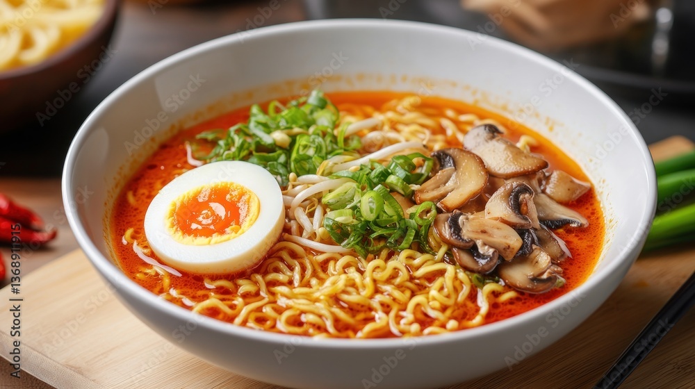 Spicy Ramen Noodles with Egg and Mushrooms, Delicious and Satisfying Asian Meal Spicy Ramen Noodles with Egg and Mushrooms, Delicious and Satisfying Asian Meal