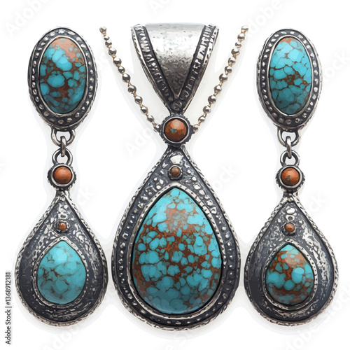 A watercolor vector of an artistic silver and turquoise jewelry set, isolated on a white background. artistic silver and turquoise jewelry set vector

