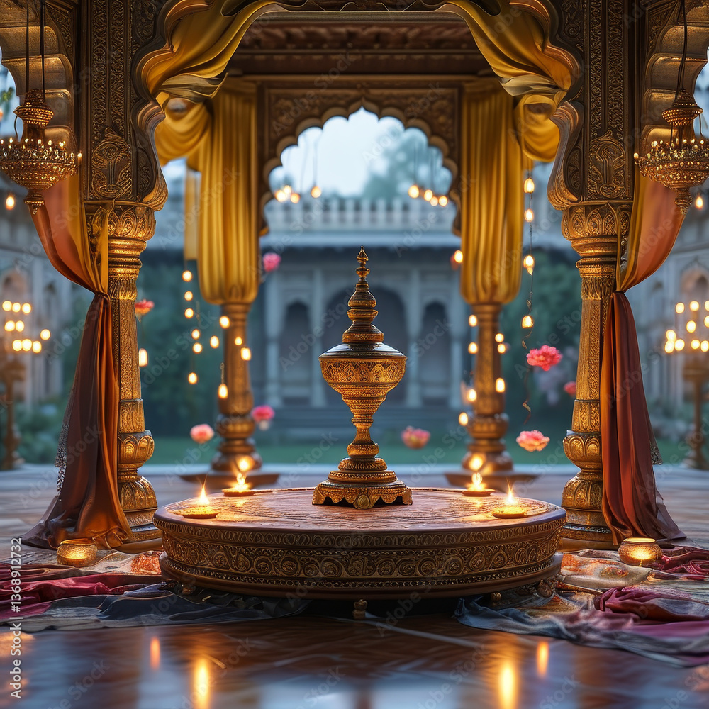 Obraz premium Diwali product display podium background, Royal Palace Illuminatiom, golden carvings, traditional Indian palace courtyard, brass lamps, deepams, draped silk fabrics, flower bowls, shimmering candle