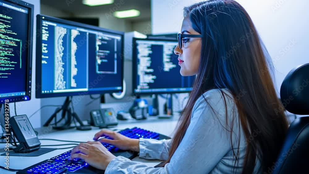 Young Woman Programming in Modern Office Environment with Multiple Computer Screens and Coding Display Young Woman Programming in Modern Office Environment with Multiple Computer Screens and Coding Display