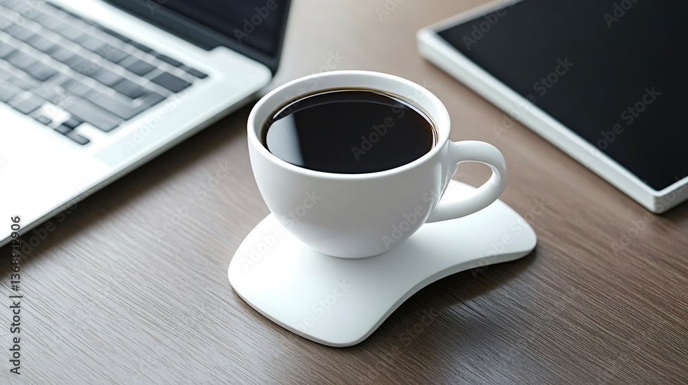 Coffee cup sitting on desk with laptop and tablet Coffee cup sitting on desk with laptop and tablet