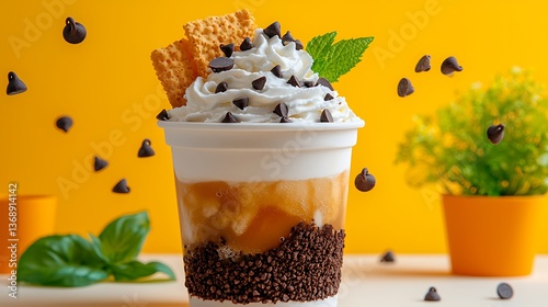 Creamy Dessert Cup with Yellow Background.