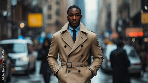 Confident man walking city street, blurred background, urban lifestyle, professional portrait
