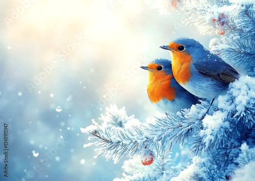 Two robins perched on a snow-covered pine branch.