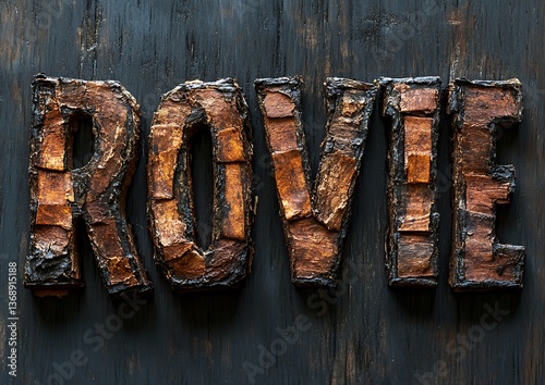 Letters crafted from wood displaying the word ROVIE against a black backdrop