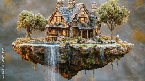 Stone Cottage on a Floating Island with Waterfall