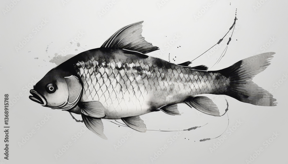 Obraz premium Artistic Black and White Illustration of a Fish Swimming 