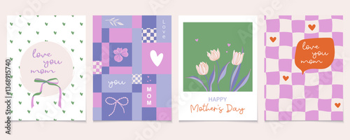 Happy Mother's Day cards set. Cute prints for mums. Vintage minimalist art design with flowers, hearts, bows, typography. Hand drawn vector illustrations.
