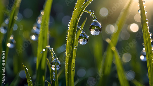 Dew drops glistening on the grass