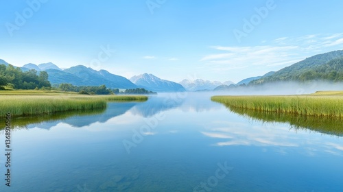 Calm Lake with Mountains and Clear Blue Sky View