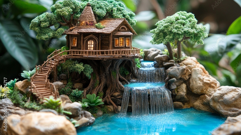 Fototapeta premium Miniature Treehouse Waterfall Landscape