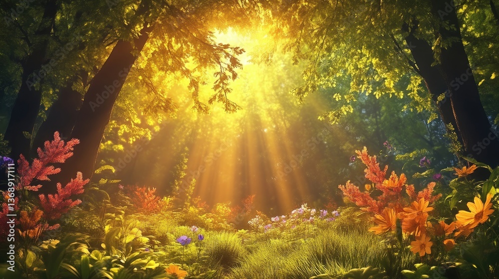 Sunlight streams through a vibrant forest floor Sunlight streams through a vibrant forest floor