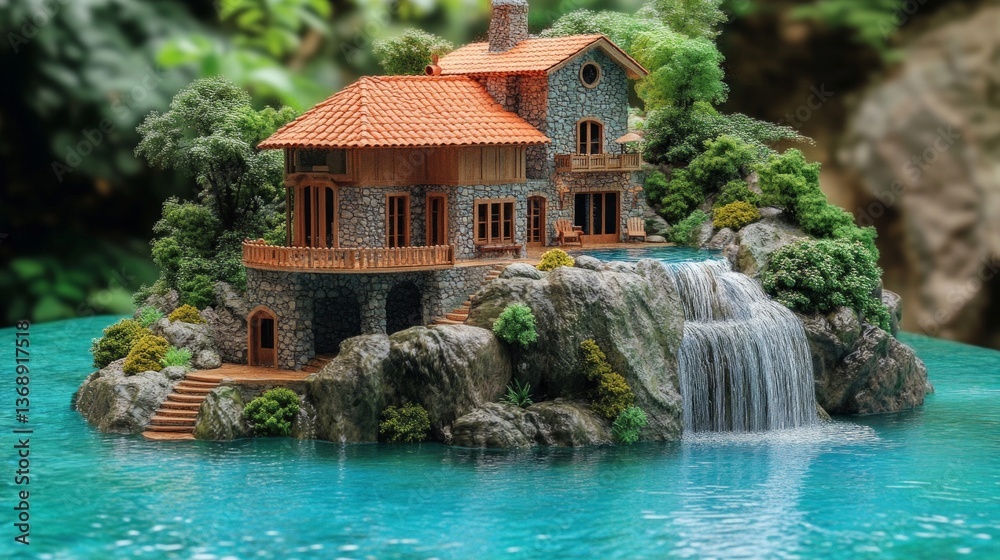 Naklejka premium Stone House on Island Waterfall Lake