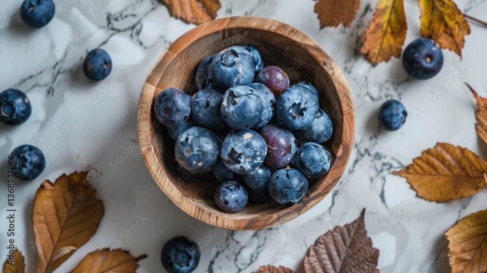 Fresh Blueberries in a Wooden Bowl Surrounded by Autumn Leaves on a Marble Surface