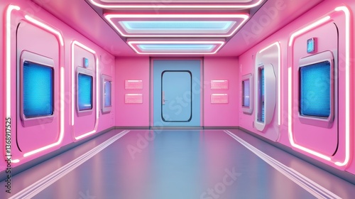 Bright Pink Futuristic Hallway with Neon Accents