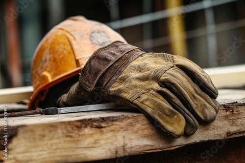 Close up of construction worker gloves and hard hat on wooden surface Generative AI